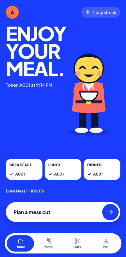 MessPass student app after tapping in: enjoy your meal, token A001