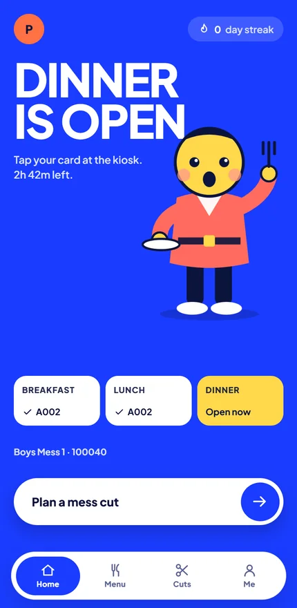 MessPass student app: dinner is open, tap your card at the kiosk