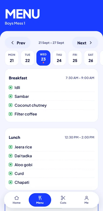 MessPass weekly mess menu with breakfast and lunch timings
