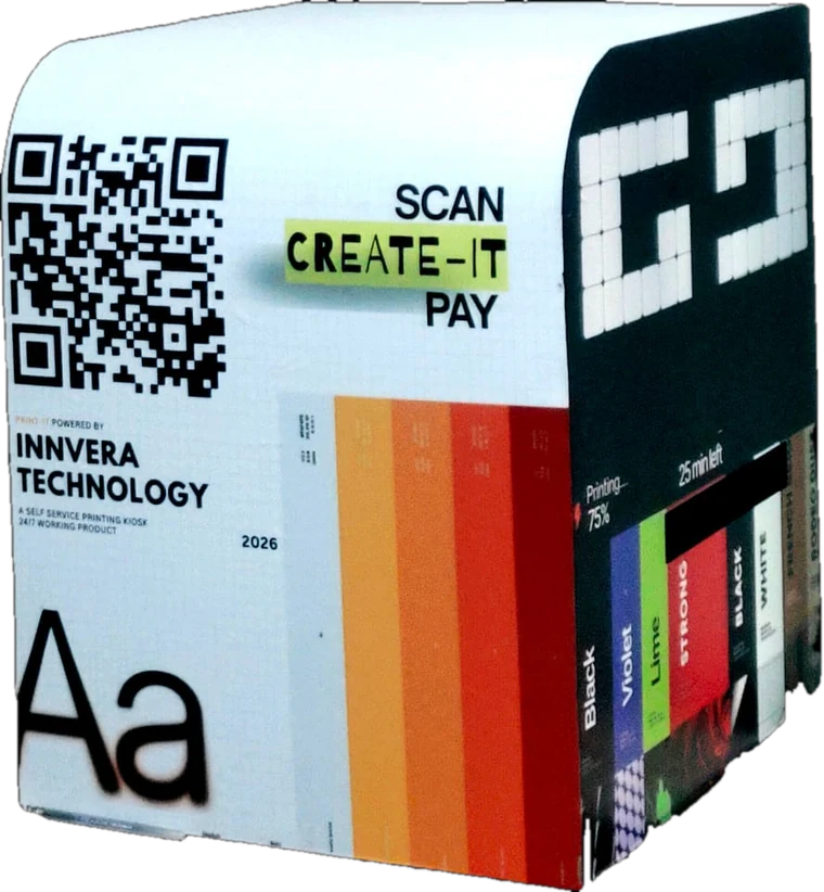 PrintVendo self-service printing kiosk by Innvera Technology — scan the QR, create, pay and print