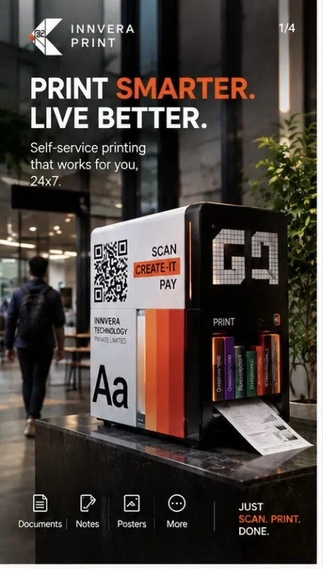 A student walks past a PrintVendo kiosk: print smarter, self-service printing 24x7